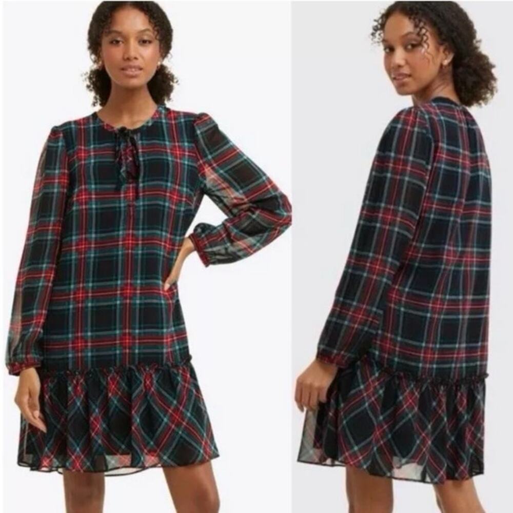 Draper James Black Red Plaid Long Sleeve Ruffle Hem Dress